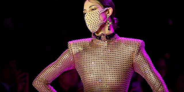 A model wearing a Pitta Mask walks the runway for The Blonds during New York Fashion Week: The Shows at Gallery I at Spring Studios on February 09, 2020 in New York City. (Photo by Roy Rochlin/Getty Images for NYFW: The Shows)
