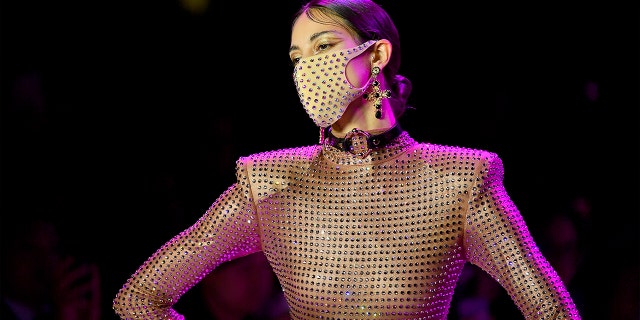 A model wearing a Pitta Mask walks the runway for The Blonds during New York Fashion Week: The Shows at Gallery I at Spring Studios on February 09, 2020 in New York City. (Photo by Roy Rochlin/Getty Images for NYFW: The Shows)