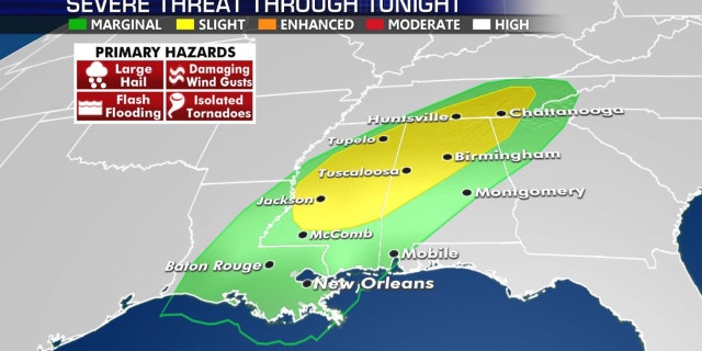 The threat of severe storms across the South on Wednesday.
