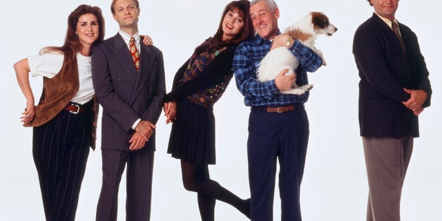"Fraiser" cast (from left to right) Peri Gilpin, David Hyde Pierce, Jane Leeves, John Mahoney, and Kelsey Grammer as Doctor Frasier Crane. (Photo by David Rose/NBCU Photo Bank/NBCUniversal via Getty Images via Getty Images)