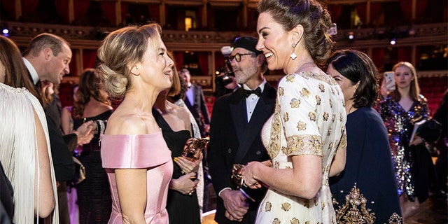 BAFTA winner Renee Zellweger and Catherine, Duchess of Cambridge speak at the EE British Academy Film Awards 2020 at Royal Albert Hall on Feb. 2, 2020, in London, England.