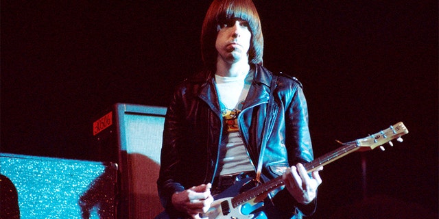 Johnny Ramone (John Cummings) (1948 - 2004) of The Ramones performs on stage at The Roundhouse, London, July 1976.