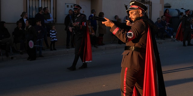 CAMPO DE CRIPTANA, SPAIN - FEBRUARY 24: A man dressed as a nazi soldier is seen in a Holocaust-themed parade during Carnival festivities on February 24, 2020 in Campo de Criptana, Spain. The Embassy of Israel in Spain denounced the display as trivializing the Holocaust. (Photo by Rey Sotolongo /Europa Press via Getty Images)