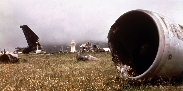 Part of the wreckage of the two Boeing 747s which collided on the runway in Tenerife, killing 583 people .