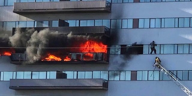 This image from video by Jenna Fabian shows a Los Angeles Fire Department firefighter on a ladder rescuing a man who had climbed out on the side of a 25-story high-rise apartment, escaping flames from a burning apartment balcony, after a fire broke out on a sixth-floor balcony and sent choking smoke billowing through the upper levels in West Los Angeles Wednesday, Jan. 29, 2020. (Courtesy of Jenna Fabian via AP)