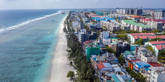 Newly-constructed buildings are pictured on Hulhumale, an artificial island built next to the capital city of Male in the Maldives.