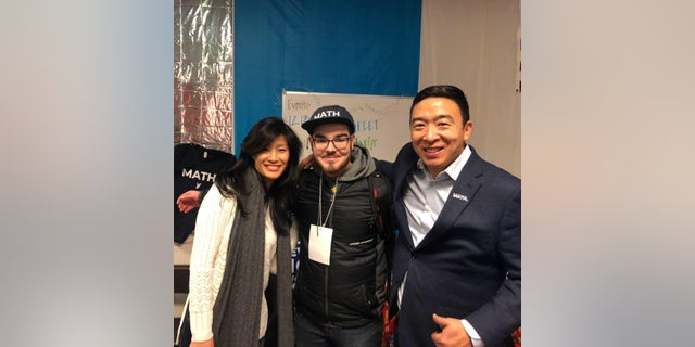 Matt Skidmore meets Andrew Yang's wife Evelyn at a campaign event. (Photo provided by Matthew Skidmore)