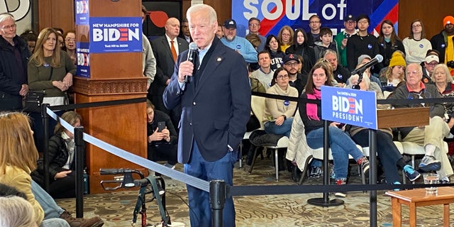 Former Vice President Joe Biden speaks to the crowd at a campaign event in Hampton Beach, N.H., on Feb. 9, 2020