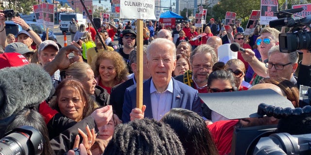 Former Vice President Joe Biden joins Culinary Union striking workers on the picket lines outside the Palms Casino in Las Vegas, Nevada, on Feb. 19, 2020