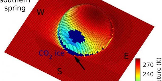 A three-dimensional view of the Martian surface temperature around an idealized boulder at latitude 30°S on the Red Planet's surface. On the side opposite to the Sun, temperatures are around -128° Celsius, and as the sun rises, this area heats up rapidly, so frost melts on salt-containing ground before it sublimates into the atmosphere, according to new research. (Norbert Schorghofer)