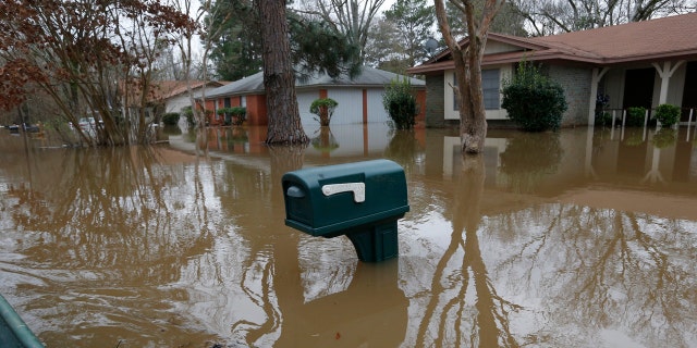 A mailbox stands above the Pearl River floodwater in this northeast Jackson, Miss., neighborhood Sunday, Feb. 16, 2020.