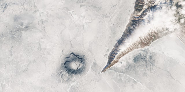 Satellite view of a Lake Baikal ice ring. (MODIS/NASA)