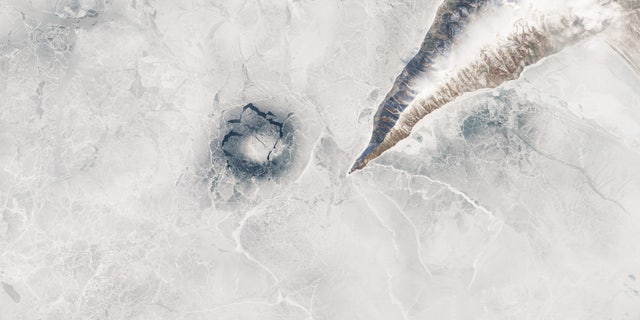 Satellite view of a Lake Baikal ice ring. (MODIS/NASA)