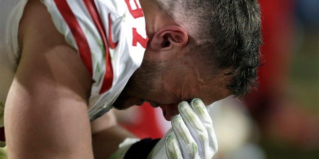 San Francisco 49ers defensive end Nick Bosa reacts on the sideline during the second half of the NFL Super Bowl 54 football game against the Kansas City Chiefs Sunday, Feb. 2, 2020, in Miami Gardens, Fla. (AP Photo/Chris O'Meara)