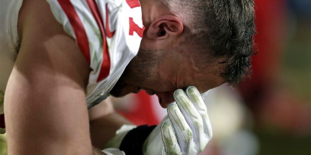 San Francisco 49ers defensive end Nick Bosa reacts on the sideline during the second half of the NFL Super Bowl 54 football game against the Kansas City Chiefs Sunday, Feb. 2, 2020, in Miami Gardens, Fla. (AP Photo/Chris O'Meara)