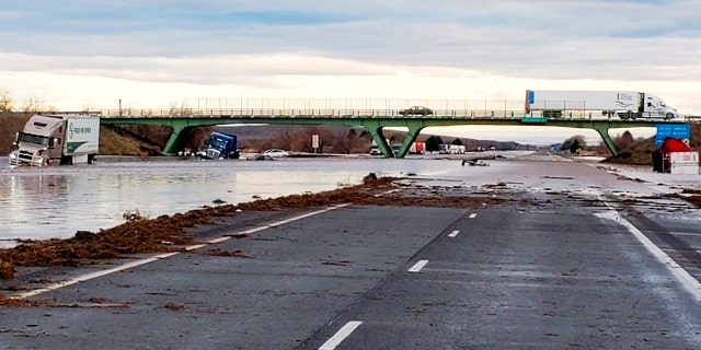 This photo provided by the Oregon State Police shows severe flooding on Interstate 84, a major freeway linking Idaho and Oregon, near Hermiston, Ore., Friday, Feb. 7, 2020.