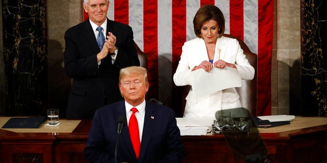 House Speaker Nancy Pelosi of Calif., tears her copy of President Trump's s State of the Union address after he delivered it to a joint session of Congress on Capitol Hill. (AP Photo/Patrick Semansky)