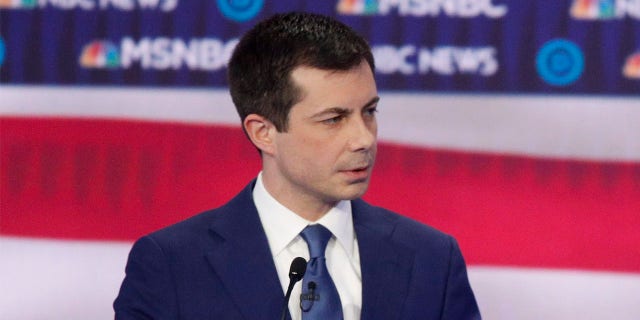 Democratic presidential candidate Pete Buttigieg looks on during a Democratic presidential primary debate Wednesday, Feb. 19, 2020, in Las Vegas. (Associated Press)