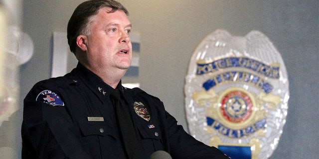 In this Monday, Feb. 10, 2020, photo, Interim Police Chief Jim Tobin talks to media after Temple Police Officer Carmen DeCruz was arrested on a manslaughter charge in the fatal shooting on Dec. 2 of Temple resident Michael Dean, in Temple, Texas. (Joel Valley/The Temple Daily Telegram via AP)