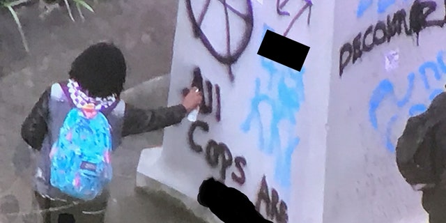 A person can be seen vandalizing a war memorial during a demonstration in downtown Portland, Ore. on Saturday.