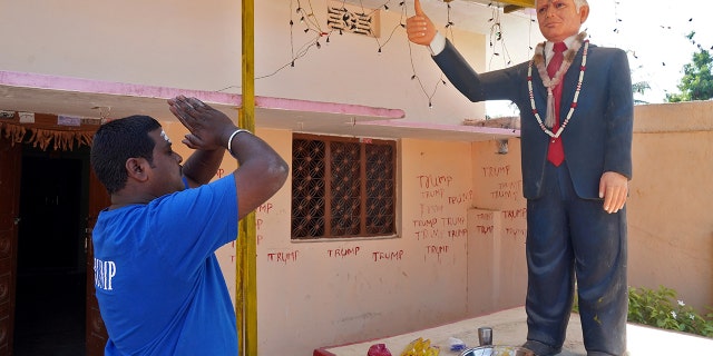 Krishna has prayed to a statue of Trump at his house in Konney village in the southern state of Telangana, India. (Reuters/Vinod Babu/File)
