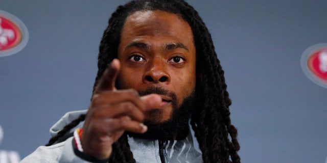 San Francisco 49ers cornerback Richard Sherman gestures as he speaks during a media availability, Wednesday, Jan. 29, 2020, in Miami, for the NFL Super Bowl 54 football game against the Kansas City Chiefs.