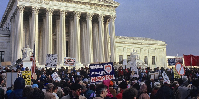 The annual March for Life protest in front of the US Supreme Court in 1991. The March for Life is an annual pro-life rally protesting abortion, held in Washington, D.C., on or around the anniversary of the United States Supreme Court's decision legalizing abortion in the case Roe v. Wade. (Photo by Mark Reinstein/Corbis via Getty Images)