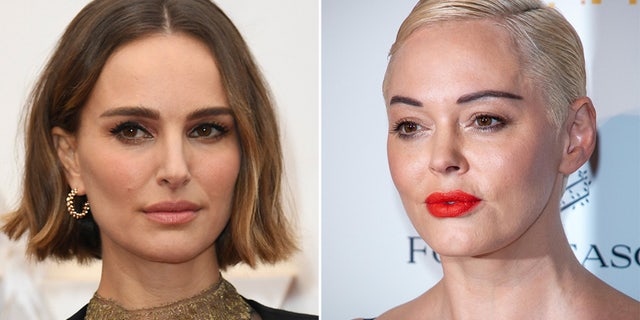Rose McGowan, right, slammed Natalie Portman for virtue signaling at the Oscars (AP)