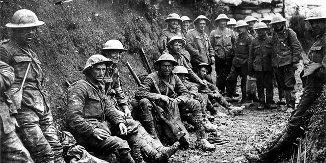 Soldiers from the Royal Irish Rifles in a communication trench on the first day of the Battle of the Somme, July 1, 1916.