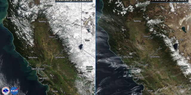 Side-by-side photos from NASA show the difference in snowpack in Northern California from 2019 to 2020.