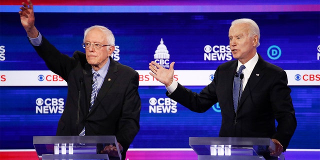 From left, Democratic presidential candidates, Sen. Bernie Sanders, I-Vt., and former Vice President Joe Biden, participate in a Democratic presidential primary debate at the Gaillard Center, Tuesday, Feb. 25, 2020, in Charleston, S.C., co-hosted by CBS News and the Congressional Black Caucus Institute. (AP Photo/Patrick Semansky)