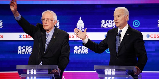 From left, Democratic presidential candidates, Sen. Bernie Sanders, I-Vt., and former Vice President Joe Biden, participate in a Democratic presidential primary debate at the Gaillard Center, Tuesday, Feb. 25, 2020, in Charleston, S.C., co-hosted by CBS News and the Congressional Black Caucus Institute. (AP Photo/Patrick Semansky)