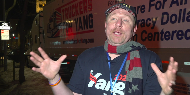 Fred Ramey of "Truckers for Yang" talks to Fox News outside Yang's Saturday night rally in Des Moines, IA.