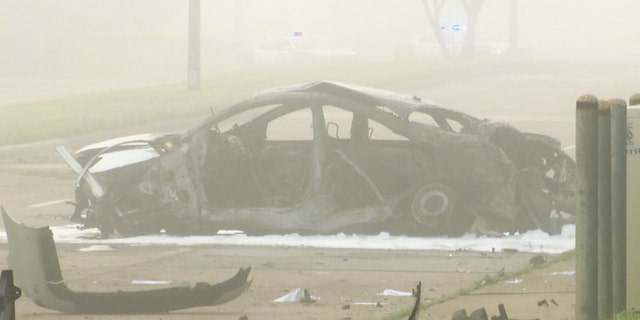 Police say Lyons' car caught fire and burned to hits frame after it was hit by a street racer early Sunday.
