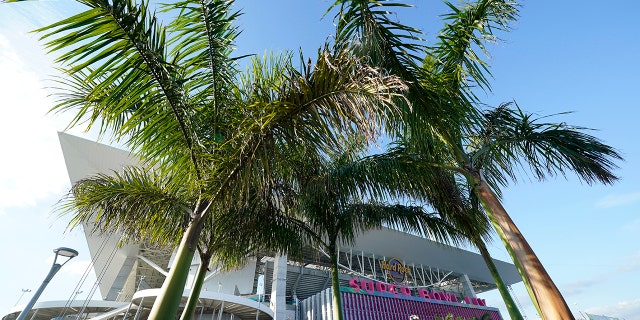 Hard Rock Stadium is shown Thursday, Jan. 30, 2020, in Miami Gardens, Fla., in preparation for Super Bowl LIV. (AP Photo/David J. Phillip)