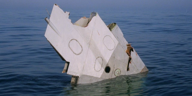 A large piece of wing floats in the Atlantic Ocean where TWA Flight 800 exploded in midair and crashed, killing all 230 people aboard. (Getty Images)