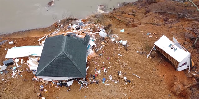 The devastation caused by a landslide in Morris Chapel, Tennessee, can be seen in drone footage from Hardin County Fire Chief Melvin Martin.