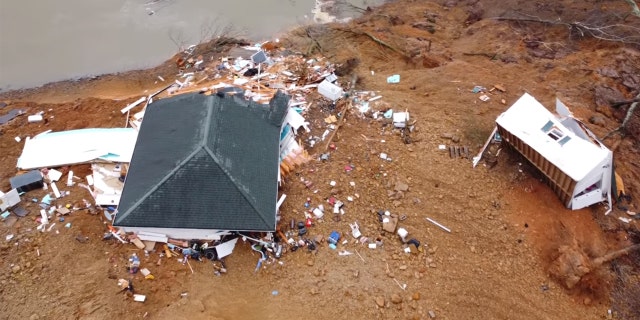 The devastation caused by a landslide in Morris Chapel, Tennessee, can be seen in drone footage from Hardin County Fire Chief Melvin Martin.