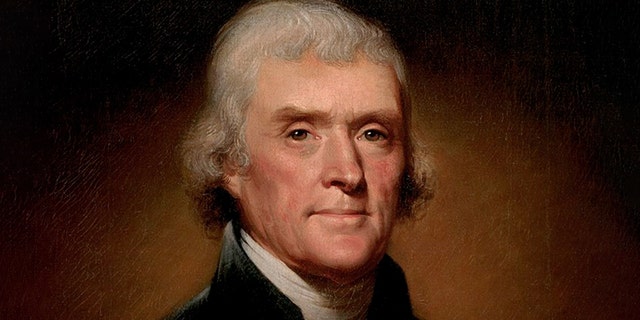 Our actual third president, Thomas Jefferson, in an official presidential portrait (by Rembrandt Peale, Dec. 31, 1799).