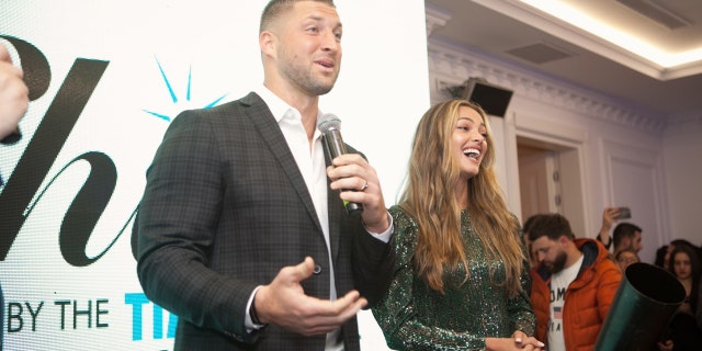 Tim Tebow and his wife, Demi-Leigh Nel-Peters, speak at the first "Night to Shine" event of 2020 in Albania.