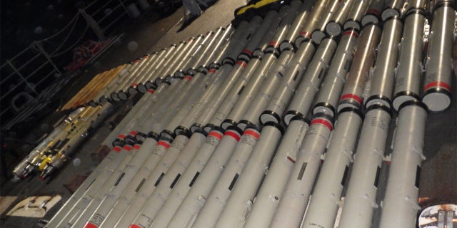 The crew of the USS Normandy seized an illicit shipment of advanced weapons and weapon components intended for the Houthis in Yemen, aboard a dhow during a maritime interdiction operation in the U.S. Fifth Fleet area of operations, Feb. 9, 2020.