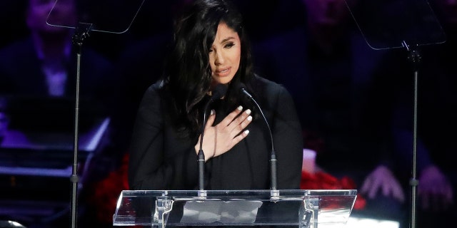 Vanessa Bryant speaks during a celebration of life for her husband Kobe Bryant and daughter Gianna Monday, Feb. 24, 2020, in Los Angeles. (AP Photo/Marcio Jose Sanchez)