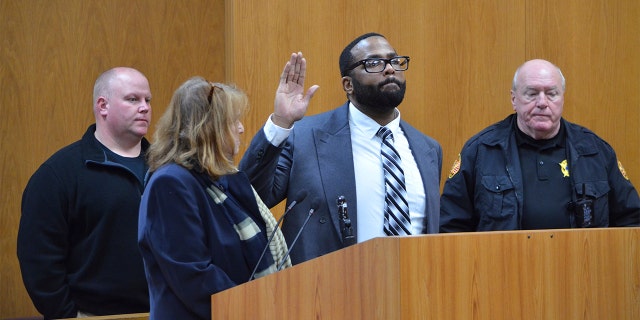 Defendant Willie Cory Godbolt is sworn in before telling the court he did not want to testify on his own behalf in his capital murder trial Monday, Feb. 24, 2020 during Day 9 of testimony at the Pike County Courthouse, in Magnolia, Miss. (Donna Campbell/The Daily Leader via AP, Pool)