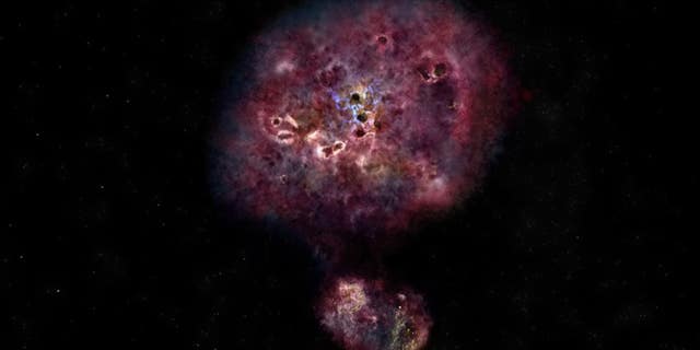 A very large galaxy in the early universe grew fast and then stopped forming stars. It may have resembled the massive galaxy illustrated here. (NRAO/AUI/NSF, B. Saxton)