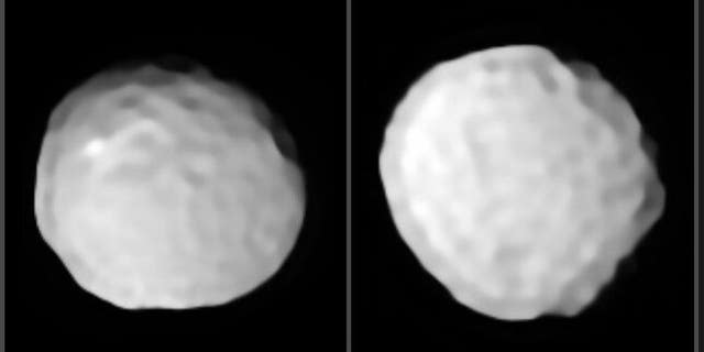 A pair of images show two views of Pallas with its pock-marked surface. (Massachusetts Institute of Technology)