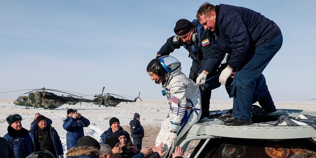 A Soyuz space capsule with U.S. astronaut Christina Koch, Italian astronaut Luca Parmitano and Russian cosmonaut Alexander Skvortsov, returning from a mission to the International Space Station landed safely on Thursday on the steppes of Kazakhstan.  (Sergei Ilnitsky/Pool Photo via AP)