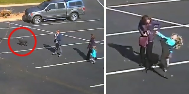 Surveillance footage shows a dog attack a child in a Colorado Springs, Colo. church parking lot.