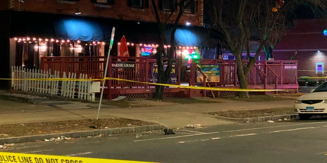 In this photo provide by Channel 3 Eyewitness News (WFSB-TV), a view of the scene of a shooting at the Majestic Lounge, in Hartford, Connecticut, Sunday, Feb. 16, 2020.