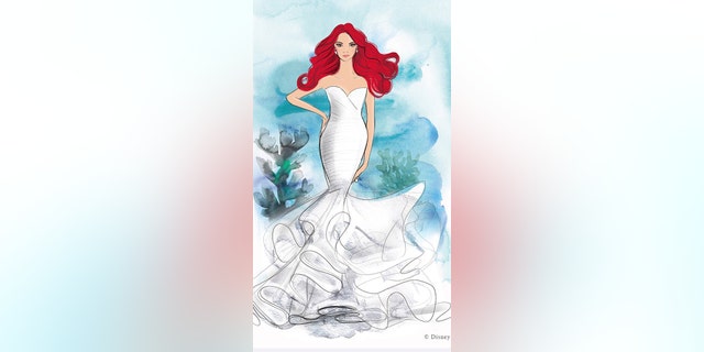 An Ariel-inspired illustration of a Disney Fairy Tale Weddings Collection gown.