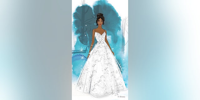 A Tiana-inspired illustration of a Disney Fairy Tale Weddings Collection gown.